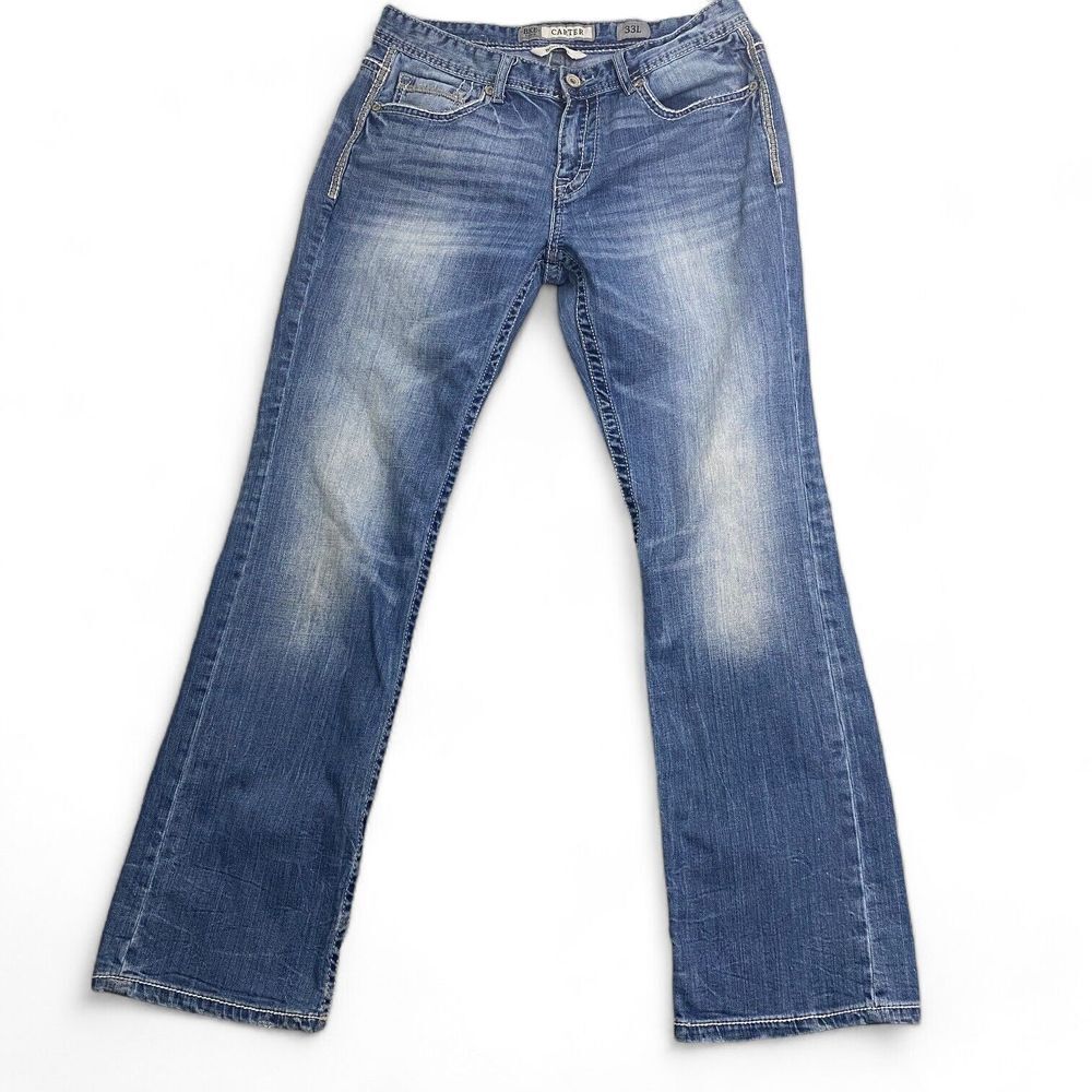 BKE Carter Men's Jeans Bootleg Size 33L Faded Distressed Blue Denim